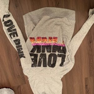 PINK Grey zip up hoodie with sequin embellishment